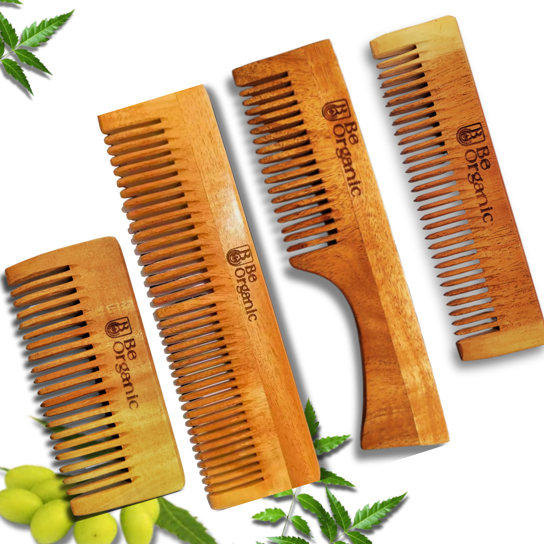 Oil Soaked Kacchi Neem Comb Combo of 4, Dual tooth, Handle Comb, Shampoo and Pocket Comb.