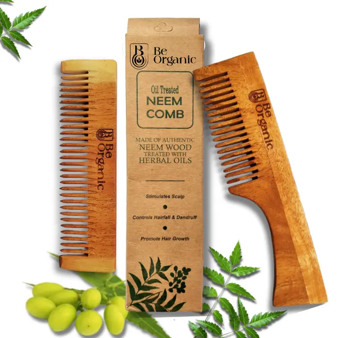 Oil Treated Pure Kacchi Neem Wooden Comb Combo of 2 - Handle Comb and Pocket Comb